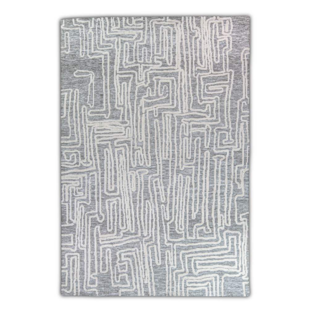 Un Tapete Decorativo Bally N2005 con un diseño geométrico en color gris y blanco.